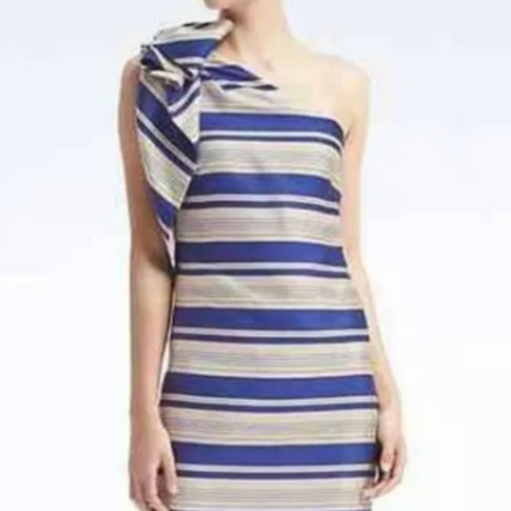 Banana Republic one shoulder blue stripe bow dress